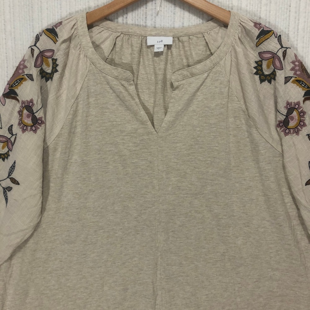 J. Jill Embroidered Floral Knit Tunic Top Oatmeal Beige 3/4 Sleeve‎ Size S